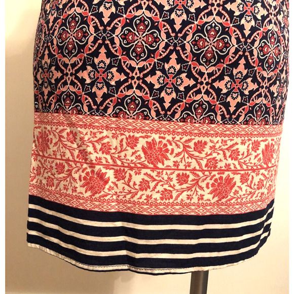 IRIS Pink Navy Print 3/4 Sleeve V-Neck Rayon Shift Mini Dress Tunic Top Large - Picture 6 of 9